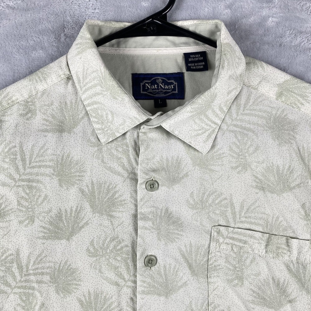 Nat Nast Shirt Mens Large Green Short Sleeve Button Down Silk Blend Geometric